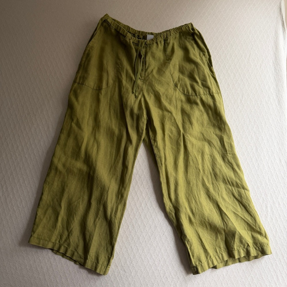 CP Shade Linen Wide Leg Crop Pants Green 100% Linen Lagenlook Large